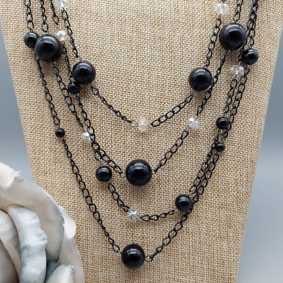 CJ Banks Black Chain Beaded Multi Strand Necklace Clear Beads 27" - Picture 3 of 8